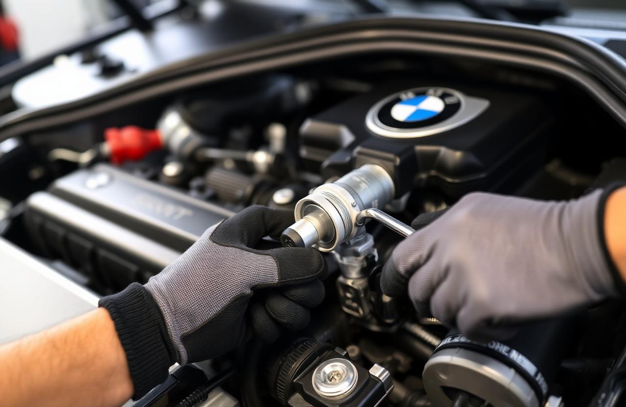 Mechanic removing a NOx sensor from a BMW diesel engine bay