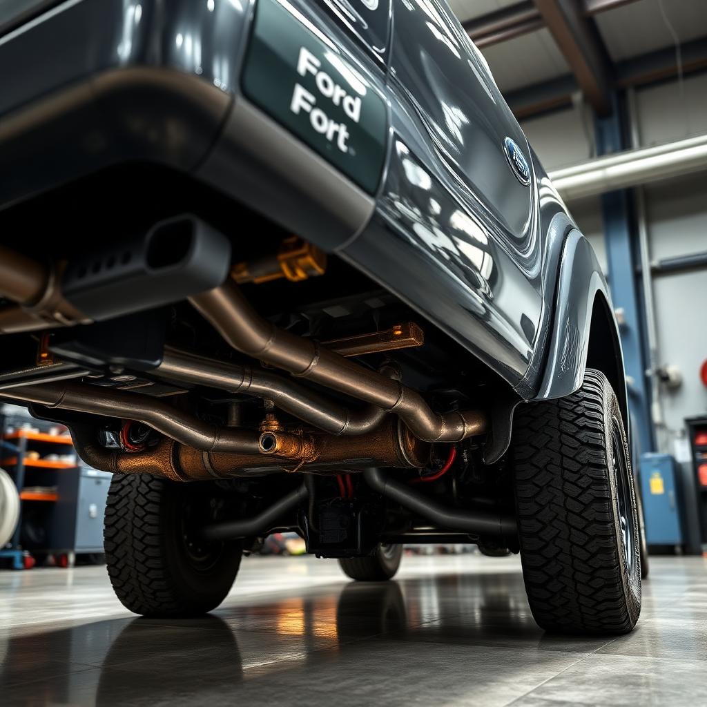Ford Ranger pickup truck on workshop ramp