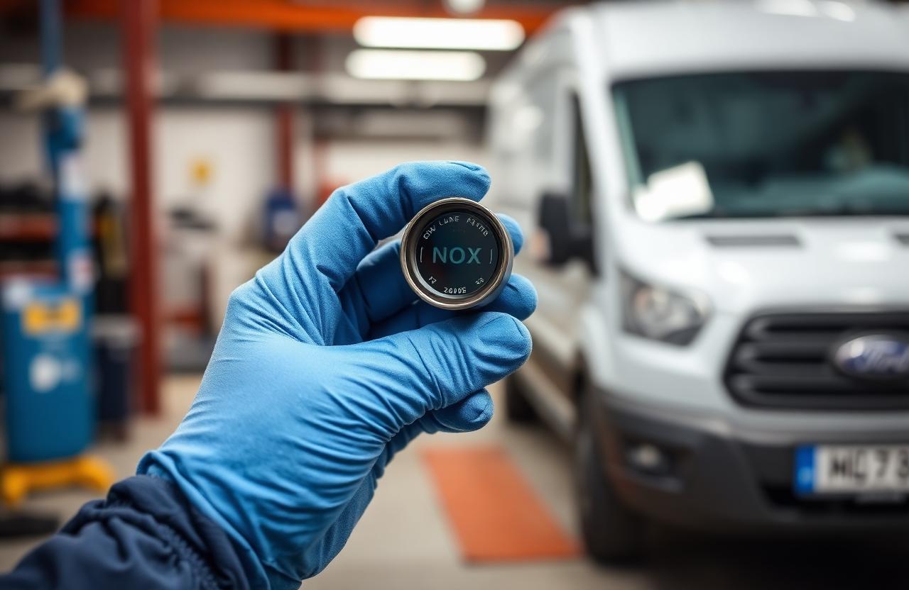 Gloved hand holding a NOx sensor with a Ford Transit in workshop background