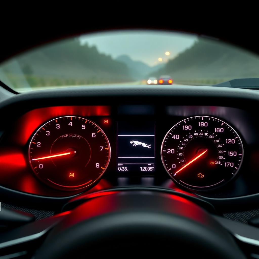 Jaguar diesel dashboard at night with warning lights