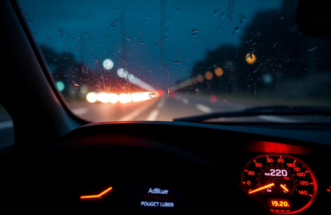 Peugeot dashboard at dusk with AdBlue warning light illuminated