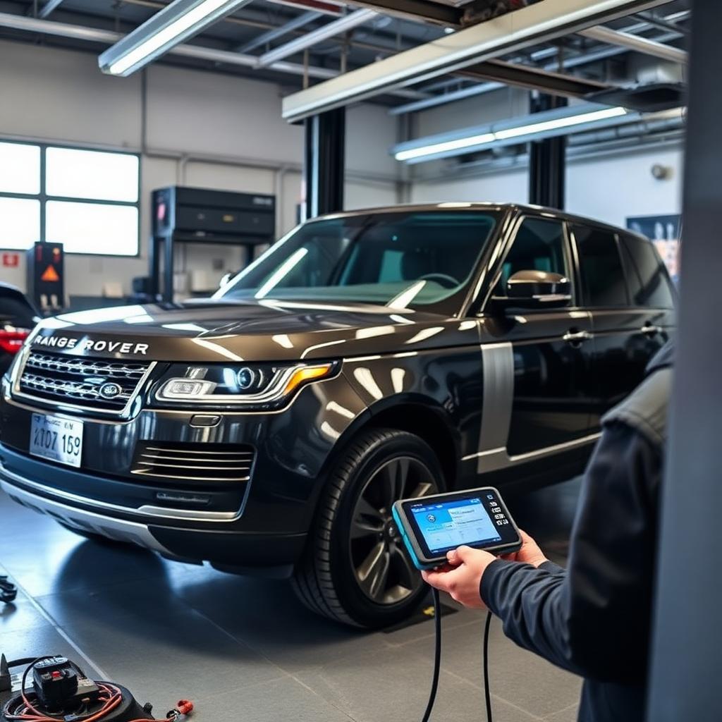 Range Rover diesel in workshop with diagnostic tablet