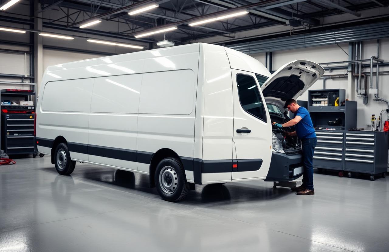 Renault Master van in a workshop with mechanic working on AdBlue system