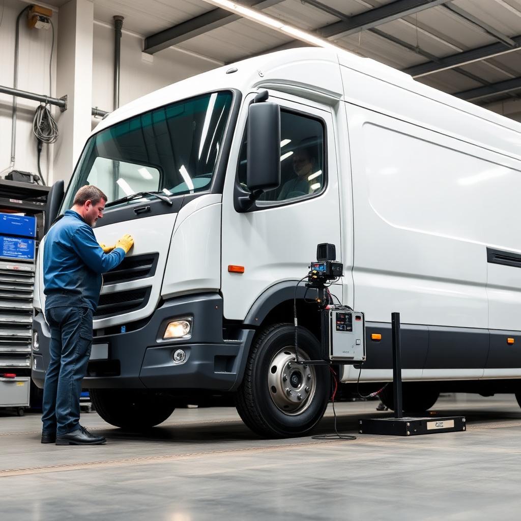 Vauxhall Movano large van in workshop with diagnostic tools