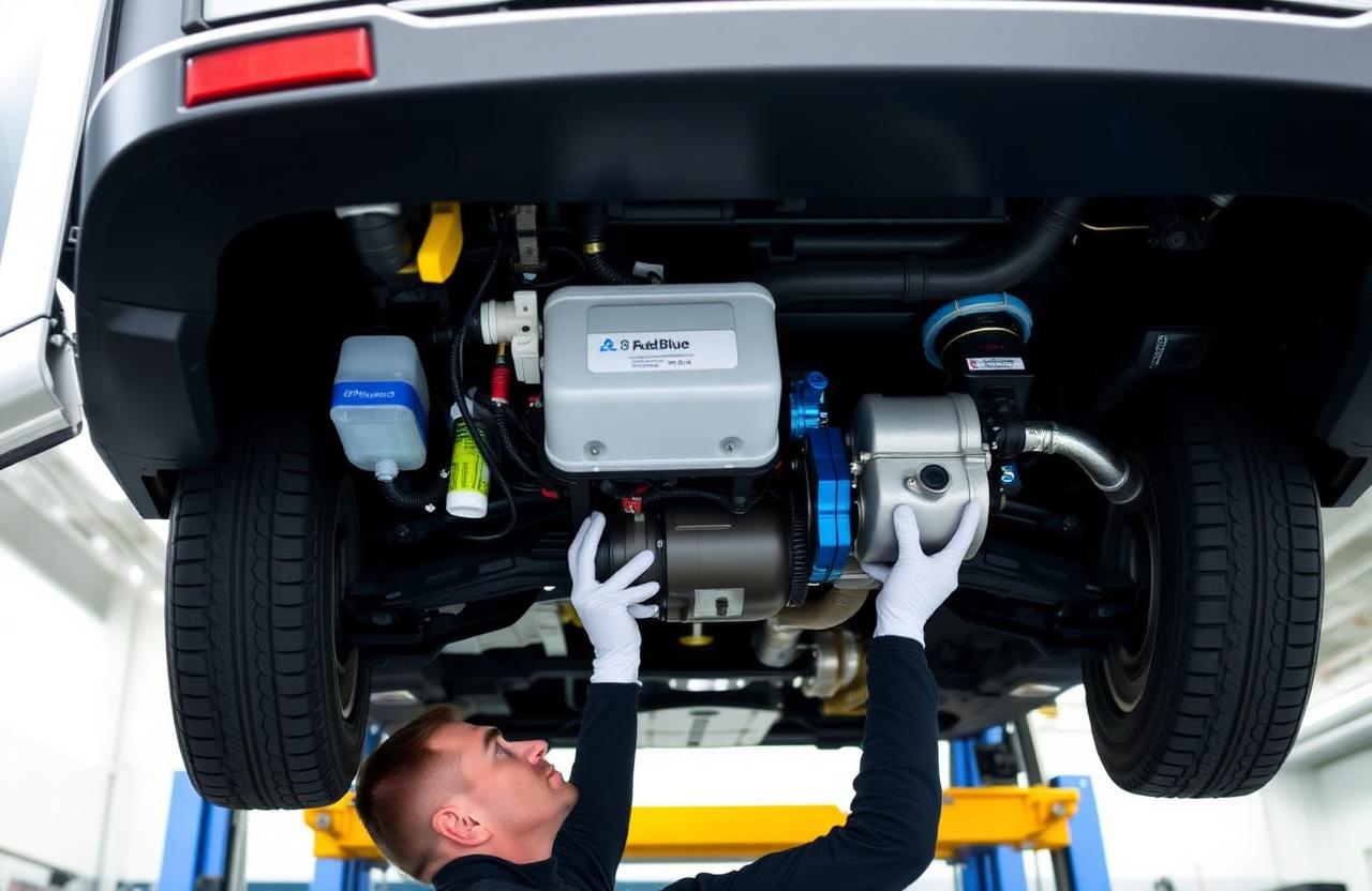 VW Crafter AdBlue tank pump being inspected from underneath the van
